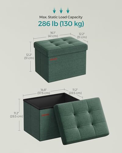 SONGMICS Mazie Collection - Small Folding Storage Ottoman, Foot Rest Stool, 12.2 x 16.1 x 12.2 Inches, 286 lb Load Capacity, for Living Room, Bedroom, Home Office, Dorm, Retro Green ULSF102C01 | Foot Rest Stool, 286.6 lb Load Capacity, Forest Green, MINOT