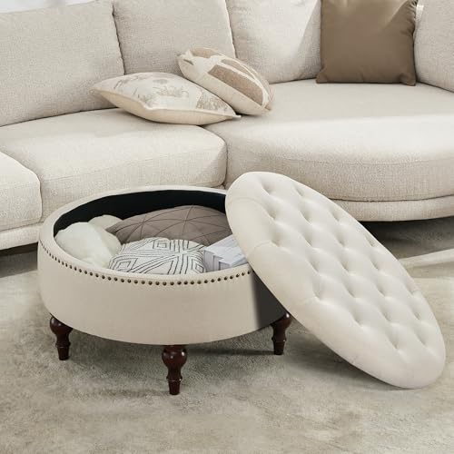 31.5" Round Storage Ottoman, Tufted Linen Coffee Table, Beige | Large Ottoman with Solid Wooden Legs and Nailheads, Side Table for Living Room Bedroom Office - color: Beige
