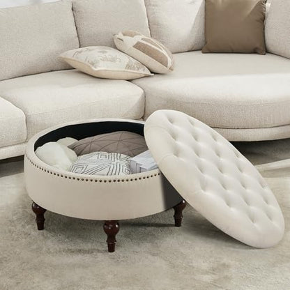 31.5" Round Storage Ottoman, Tufted Linen Coffee Table, Beige | Large Ottoman with Solid Wooden Legs and Nailheads, Side Table for Living Room Bedroom Office - color: Beige