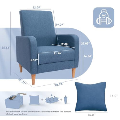 COLAMY Mid-Century Modern Accent Chair, Fabric Upholstered Living Room Chair with Back Pillow & Solid Wood Legs, Comfy Armchair for Living Room, Bedroom, Single Sofa, Blue - color: Blue, size: Set of 1