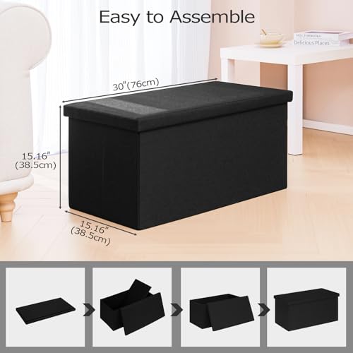 PINPLUS Folding Storage Bench, 30 inches Ottoman Coffee Table Cube Chair Foot Rest Stool Storage Chest for Living Room Bedroom, Holds up to 550 lb (Black) - color: Black