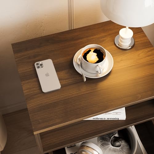 Rattan Nightstand,Farmhouse Bedside Table with 2 Storage Drawer and Open Wood Shelf, for Bedroom and Small Spaces,Night Stand with Solid Wood Legs (Walnut Brown) - color: Walnut Brown