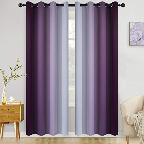 COSVIYA Grommet Room Darkening Ombre Purple Curtains W52xL84 inch | Purple and Greyish White Gradient Drapes, Light Blocking, Insulated Thermal Window Curtains for Bedroom/Living Room,2 Panels - color: Purple to Grayish White, size: 52"W x 84"L (Pack of 2