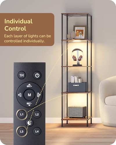 EDISHINE RGBW Floor Lamp with 5-Tier Display Shelves, Remote Control | 2700K–6500K, 3 Lighting Modes, Farmhouse Fire-Burned Wood for Living Room, Bedroom, Office - color: Burnt wood