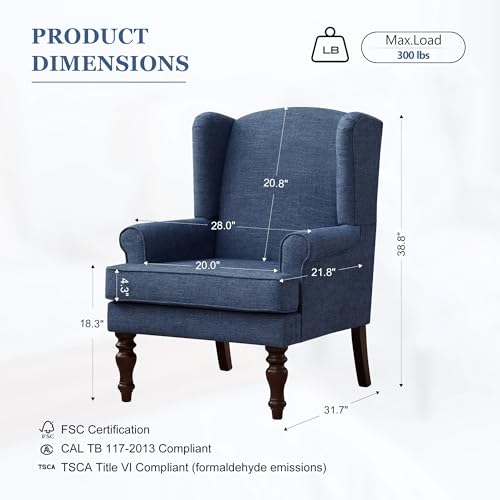 HUIMO Printed Wingback Accent Chair, Linen Upholstered High Back Armchair, Comfy Reading Chair for Living Room Bedroom Study, 300lbs Weight Capacity (1, Navy Blue) - color: Navy Blue