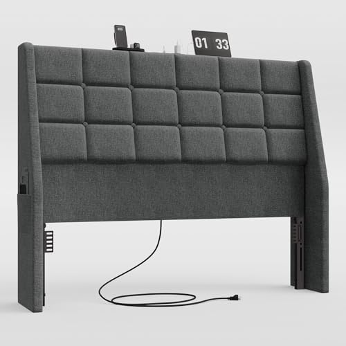 Ergonomic Upholstered Headboard Full Size w/Charging Station, Linen Wingback Headboards w/Storage Pocket, Full Headboard Only, Bed Frame Adapters, Sturdy Stable Solid Wood Bed Head Board, Dark Grey - color: Dark Grey, size: Full