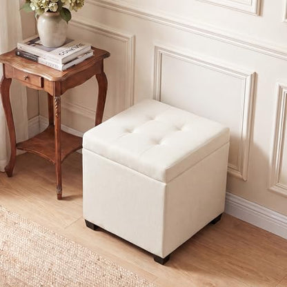 15 inch Square Storage Ottoman with Tray Lid,Modern Tufted Fabric Cube Coffee Table with Storage,Upholstered Ottoman with Removable Top for Living Room, Bedroom - color: Cream White With Tray