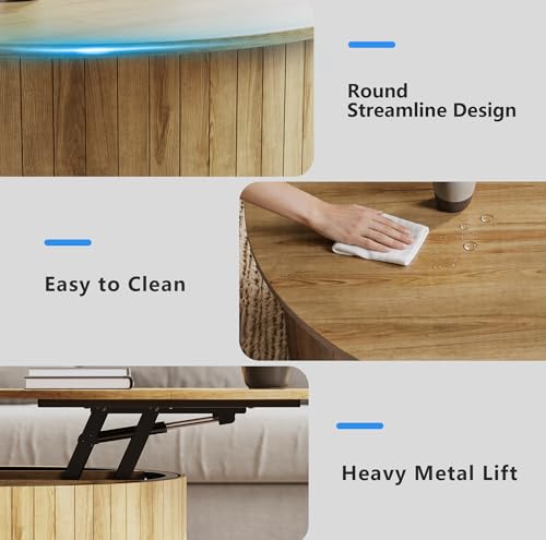 kepptory Round Lift Top Coffee Table with LED Lights, Mid Century Modern Wooden Coffee Tables with 3 Storage Space, Circle Center Table for Living Rooms,Dining Room,Bedroom Home Office,APP LED Lights - color: Natual