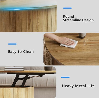 kepptory Round Lift Top Coffee Table with LED Lights, Mid Century Modern Wooden Coffee Tables with 3 Storage Space, Circle Center Table for Living Rooms,Dining Room,Bedroom Home Office,APP LED Lights - color: Natual