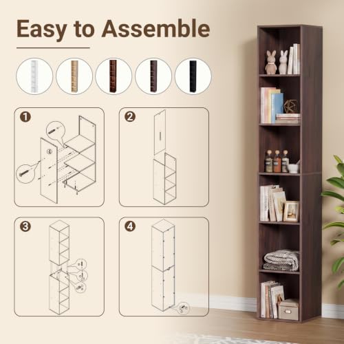 6 Cube Walnut Book Shelf, Tall Bookcase for Home Office Bedroom Living Room - color: Walnut, size: 6 Cube