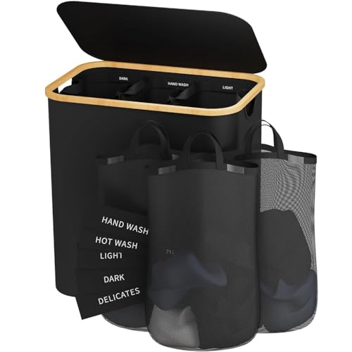 145L Laundry Hamper with Lid, 3 Section Laundry Basket with 3 Removable Bag | Clothes Hampers for Laundry with Bamboo Frame Handle, Large Dirty Clothes Hamper for Laundry Room, Bathroom, Bedroom, Black - color: Black, size: 145L