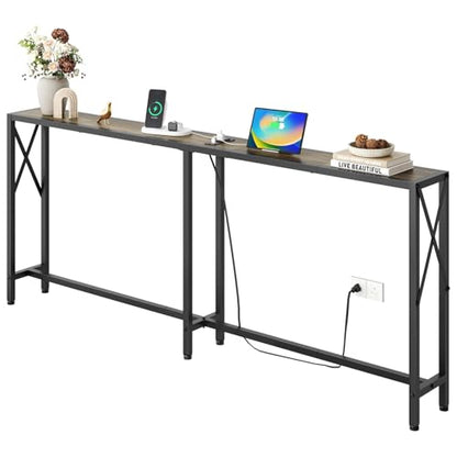 Gewudraw 70" Sofa Table Behind Couch with Socket-Narrow Console Table | Industrial Style, Long Skinny Design,Couch Table For Hallway,Living Room,Bedroom, Built-In Power Outlets & USB, 172cm Length - color: Light Grapefruit, size: 70 in
