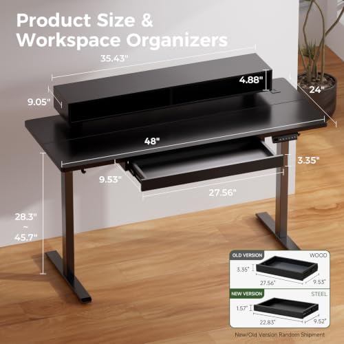 GTPLAYER Electric Standing Desk with Drawers, 48 x 24 Inch Height Adjustable Gaming Desk with Monitor Stand, Power Outlets & LED Lights, Home Office Sit Stand Up Desk with Memory Preset (Black) - color: Black, size: 48*24"