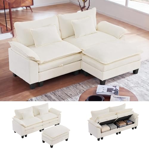 85" Modular Sectional Sofa with Storage, L-Shaped Comfy Cloud Couch | Deep Seat, Moveable Ottoman, Throw Pillows, Sofa Sleeper, Cloud Comfort Couches for Living Room Bedroom, Chenille Beige - color: Beige, size: 85" - 3 Seat L