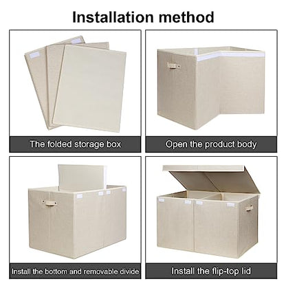 122L Large Toy Box Chest Storage with Lid, Collapsible Kids Toy Storage | Toy Chest with with Removable Divider for Kids, Boys, Girls, Nursery, Living Room, Bedroom, 26"x17" x17" (Linen Beige) - color: Extra Large Beige