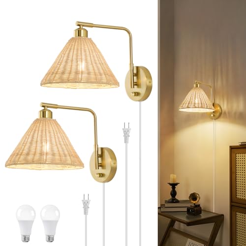 Plug in Wall Sconces Set of 2, Rattan Wall Lamps with Cord and Dimmer Switch, Gold Swing Arm Wall Mounted Bedside Lamps for Bedroom, Living Room, Plug-in or Hardwired, Bulbs Included - color: Gold