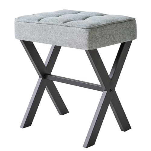 IBUYKE Square Makeup Stool with X-Leg, Linen Vanity Chair, Blue Gray LG-70L | Footrest Ottoman Seat Multi-Use Small Side Table Bedroom Living Room - color: Blue Grey, size: 17.72"-Linen