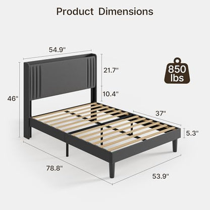 Gizoon Full Bed Frame with Charging Station and LED Lights | Upholstered Wingback Platform Bed with Padded Headboard,Wooden Slats,Noise-Free,No Box Spring Needed, Easy Assembly,Dark Grey - color: Dark Grey+led, size: Full