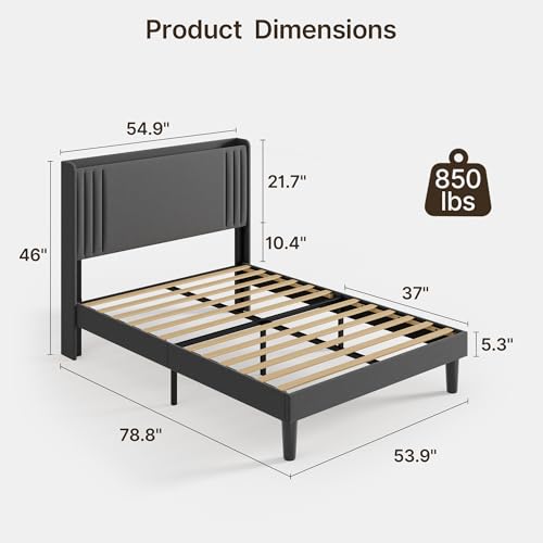 Gizoon Full Bed Frame with Charging Station and LED Lights | Upholstered Wingback Platform Bed with Padded Headboard,Wooden Slats,Noise-Free,No Box Spring Needed, Easy Assembly,Dark Grey - color: Dark Grey+led, size: Full