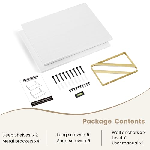 Dreamland Wall Mounted Floating Shelves Set of 2, 16x12, White&Gold | Engineered Wood, Visible Bracket, Large Storage, Hold Up to 40lbs, Living Room, Bathroom, Bedroom, Kitchen - color: White&gold, size: 16"W x 12"D