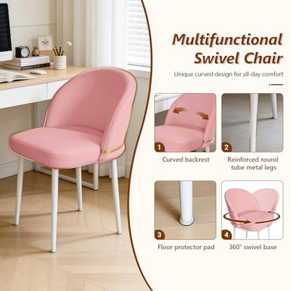 JPBSTO Swivel Vanity Chair No Wheels, Armless Desk Chair with Metal Legs, Accent Dining Chair with Ergonomic Backrest for Bedroom, Office, Dining Room, Pink - color: Pink, size: Set of 1