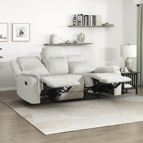 Lexicon Polished Microfiber Wall Hugger Manual Double Reclining Sofa, Beige | 86"W Upholstered 3 Seater Manual Sofa Recliner for Living Room/Apartment, Tool Free Assembly - color: Beige, size: Reclining Sofa