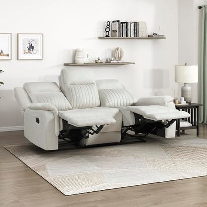 Lexicon Polished Microfiber Wall Hugger Manual Double Reclining Sofa, Beige | 86"W Upholstered 3 Seater Manual Sofa Recliner for Living Room/Apartment, Tool Free Assembly - color: Beige, size: Reclining Sofa