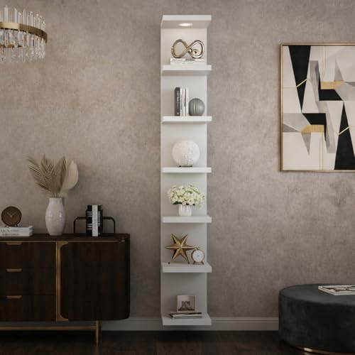 7-Tier Floating Wall Shelf with LED Lights – White Modern Display Shelving Unit with Remote Control – Wall Mounted Bookshelf for Living Room, Bedroom, or Office Decor
