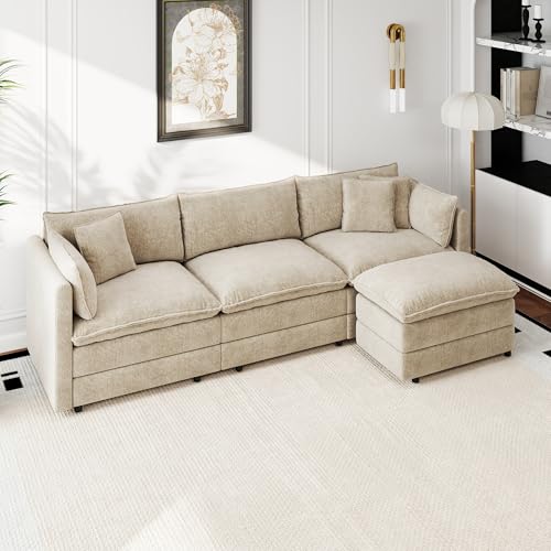 Aoowow Modular Sectional Sofa Modern Convertible L Shaped Couch,112.2 Inch Deep 3-Seater Sofas Set Comfy Chenille Cloud Sofas and Couches with Movable Ottoman for Living Room Apartment（Camel） - color: Camel, size: 3 Seat + Ottoman