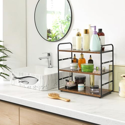 IBUYKE Counter Shelf,Kitchen Organization and Storage,Brown TWJ001H | 3-Tier Bathroom Countertop Organizer Tray Makeup Shelf Counter Standing Spice Rack Storage Shelf Cosmetic Holder - size: square, style: 1