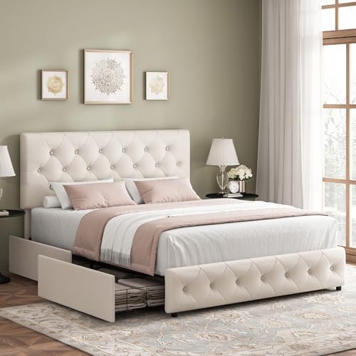 Full Size Upholstered Platform Bed Frame with 4 Storage Drawers, Modern Beige Fabric Bed with Adjustable Button Tufted Headboard, Solid Wooden Slat Support, Easy Assembly - color: Beige, size: Full