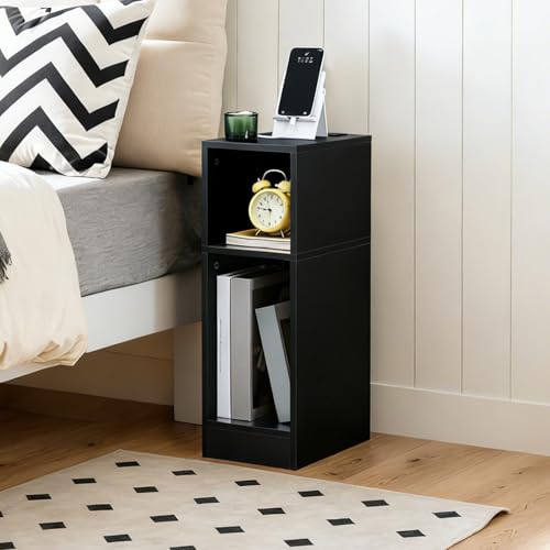 MAHANCRIS Narrow Nightstand, Narrow End Table with Charging Station, Skinny Bedside Table for Small Spaces, Mid Century Modern Night Stand for Bedroom, Living Room, Black ETBK30E01 - color: Black