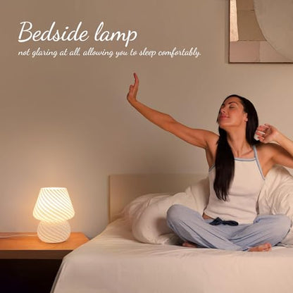ONEWISH Mushroom Lamp-Small Bedside Table Lamp with Striped Glass, Nightstand Lamp for Bedroom, Living Room, 3000K E26 Bulb Included(White) - color: Not-dimmable-‎white-1pack