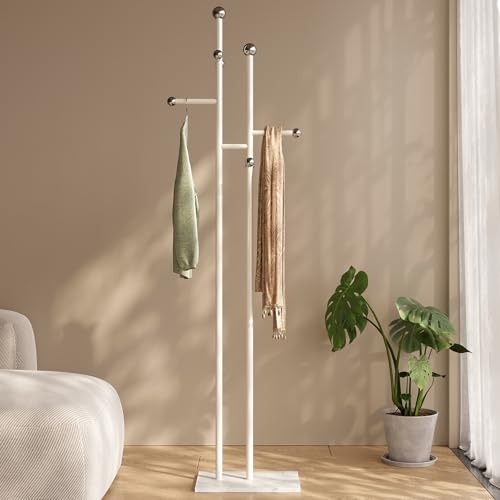 Metal Standing Coat Rack for Entryway Bedroom Living Room (White) | Easy Assembly, Compact Footprint, Space Saver, Metal Frame, Marble Base, Sturdy, 8 Spherical Hooks, Office, Corner - color: A White