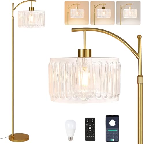 ILLMTW Glass Floor Lamp for Living Room,Bedroom,Gold Dimmable Standing Lamp with Remote,Brass White Tall Lamp Boho Mid Century Modern Floor Lamps Arc Floor Light Lamp Bohemian - size: Floor Lamp-28