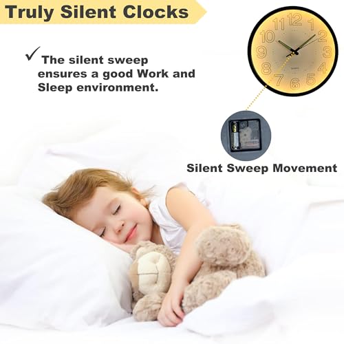 12 Inches Night Light Wall Clocks - with Silent Non-Ticking Glowing Function - Big Solid Numbers Easy to Read Both Day and Night - color: White/Black
