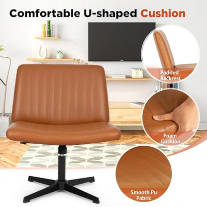 Criss Cross Chair, Armless Cross Legged Office Chair, Comfortable Vanity Chair with Back, Fabric Adjustable Wide Swivel Criss Cross Desk Chair for Home Office, Brown - color: Brown