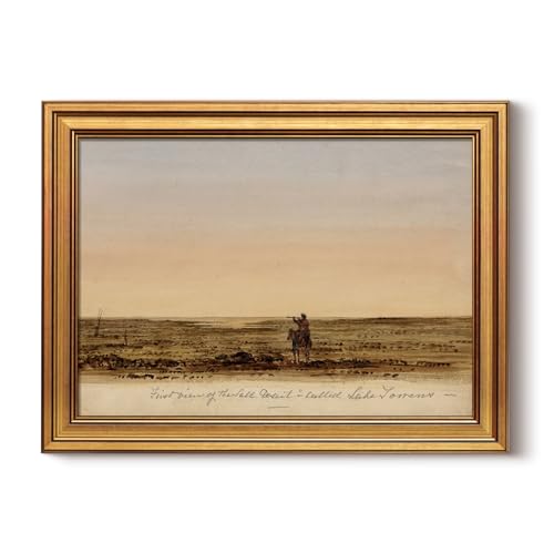 HUARCEY Vintage Western Landscape Wall Art Gold Framed Canvas Print 12"X16" | Cowboy Riding Across Prairie Desert Classic Rustic Farmhouse Minimalist Frontier Painting Artwork For Living Room Office - color: First View of the Salt Desert, size: 16"L x 12"