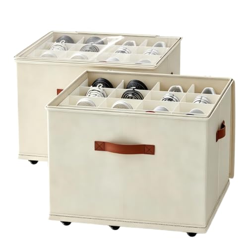 2 Pack Shoe storage Organizer for closet with wheels,No Assemble Required Shoe boxes with premium waterproof material，Adjustable Dividers Fits 32 Pairs,shoe Storage Bins with Reinforced Handle - color: beige, size: 32 pairs
