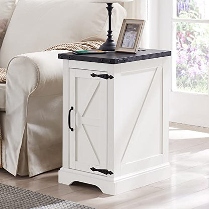 Farmhouse 17" Nightstand with Charging Station, White | Rectangular/ Rustic End Table with Barn Door /Adjustable Shelf/ Wood Sofa Side Table/ for Living Room, Bedroom - color: White Color