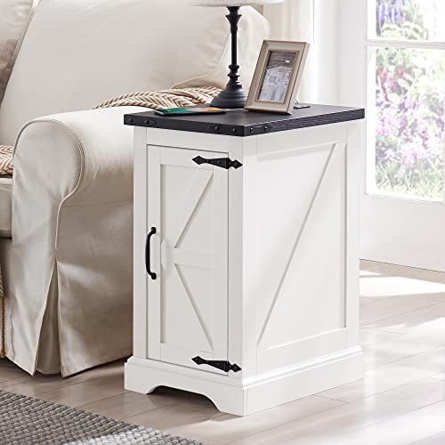Farmhouse 17" Nightstand with Charging Station, White | Rectangular/ Rustic End Table with Barn Door /Adjustable Shelf/ Wood Sofa Side Table/ for Living Room, Bedroom - color: White Color
