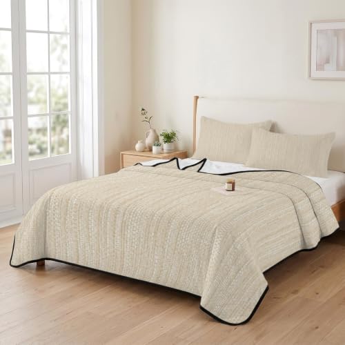 King Quilt Bedding Set, Minimalist Light Beige Soft Microfiber Summer Bedspread Coverlet with 2 Pillow Shams for All Season, Vintage Linen Textured Breathable Bedding Set for Hot Sleepers - size: King