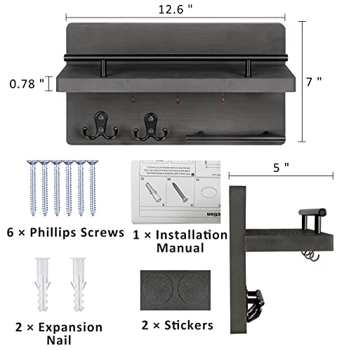 Wooden Key Holder Wall Mount With 5 Hooks For Entryway, Mudroom, Hallway | 2-Tier Design, Supports Up To 20 Lbs, Key Holder with Sturdy Black Metal Rail for Mail Plant Wallet Coat, Homeowners Renters - color: Gray