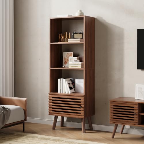 Furnify 4-Tier Narrow Bookcase with Open Shelf and Slatted Door, Walnut | 55" H Corner Bookcase with 4 Cubes, Mid Century Modern Wood Bookshelf, Display Storage Cabinet for Living Room Home Office - color: Walnut, size: 55" H