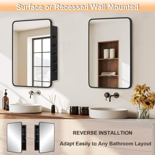 22x30 Medicine Cabinet with Mirror, Bathroom Storage Cabinet Mirror | Wall-Mounted or Recessed, Black Metal Frame, Adjustable Glass Shelves, Bathroom Vanity Mirror with Storage - size: 22x30