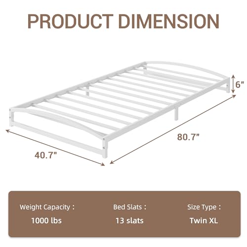 IDEALHOUSE Low Bed Frame, 6 in Twin Size Metal Platform Bed Frame, White | Arch Design, Heavy Duty Bed Frame, Strong Bearing Capacity, No Box Spring Needed, - color: 6 Inch White, size: Twin