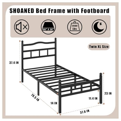 SHOANED Metal Bed Frame with Headboard & Footboard - 14 Inch Twin XL Size Heavy Duty Bedframe Black Basic Steel Slats Platform No Box Spring Needed/Easy Assembly/Noise Free - size: Twin XL, style: 14 Inch with Footboard