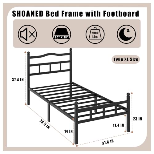 SHOANED Metal Bed Frame with Headboard & Footboard - 14 Inch Twin XL Size Heavy Duty Bedframe Black Basic Steel Slats Platform No Box Spring Needed/Easy Assembly/Noise Free - size: Twin XL, style: 14 Inch with Footboard