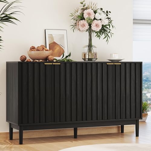 Otterease Fluted Cabinet with Storage, Small Buffet Cabinet Sideboard with Door, Kitchen Buffet Storage Accent Cabinets with Adjustable Shelves for Living Room, Entry, Hallway,Black - color: Black, size: 15.8"D x 55.1"W x 31.9"H