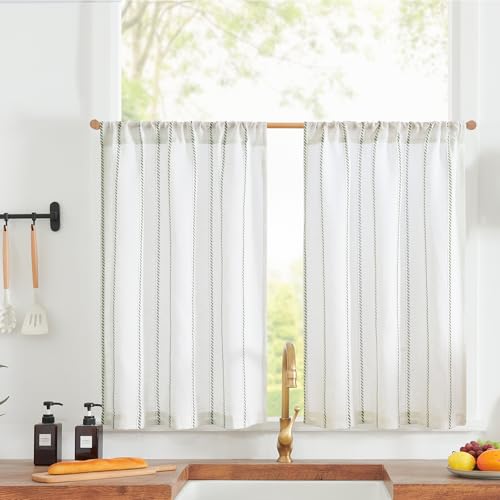 jinchan Linen Tier Curtains Striped Cafe Kitchen Curtains | 24 Inch 2 Panels Green on White, Light Filtering Half Window Drapes for Living Room Bathroom RV Farmhouse - color: Cottage Striped Green, size: 26"W x 24"L (Pack of 2)